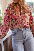 Floral Ruffle Trim Button Down Blouse