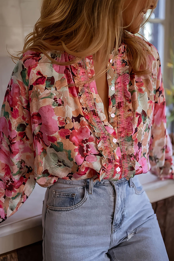 Floral Ruffle Trim Button Down Blouse