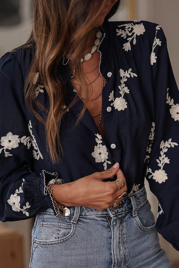 Floral Embroidered Button Up Blouse