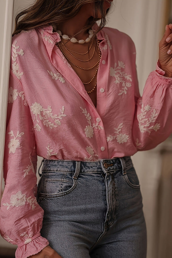 Floral Embroidered Button Up Blouse