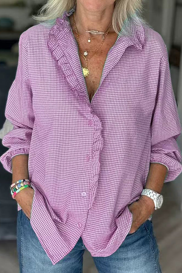 Gingham Ruffle Trim Button Down Shirt