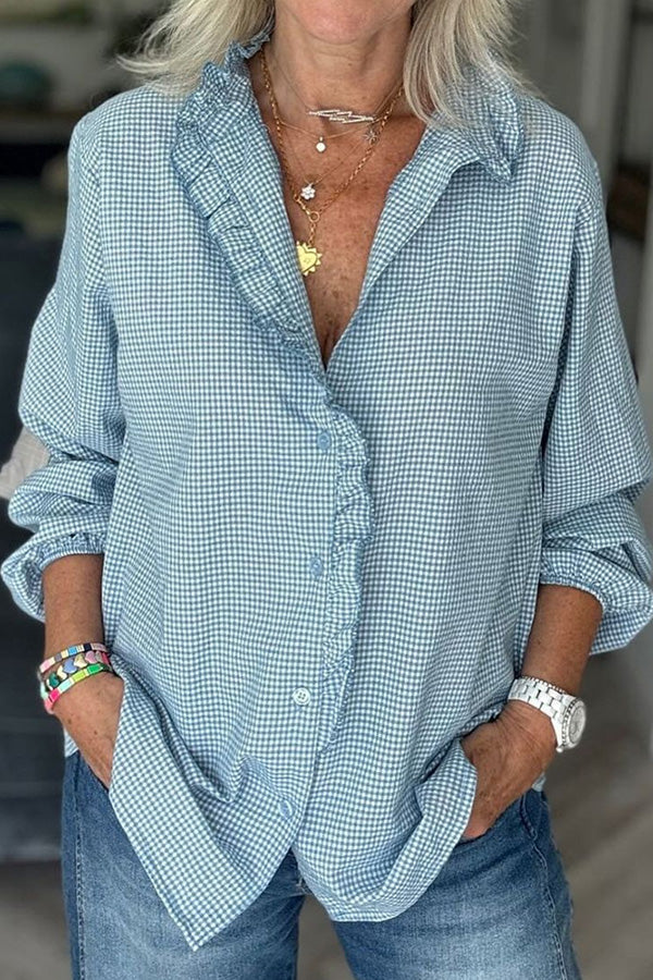 Gingham Ruffle Trim Button Down Shirt