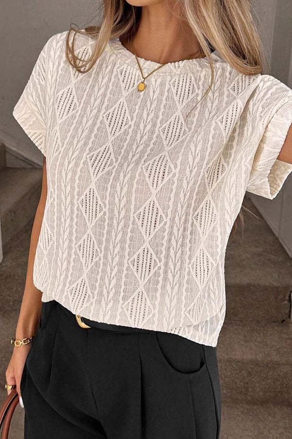 Geometric Eyelet Lace Short Sleeve Blouse