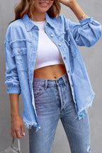 Frayed Raw Hem Distressed Denim Jacket