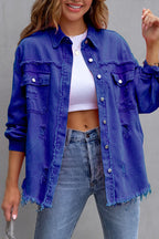 Frayed Raw Hem Distressed Denim Jacket