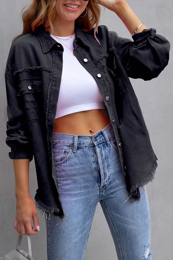 Frayed Raw Hem Distressed Denim Jacket
