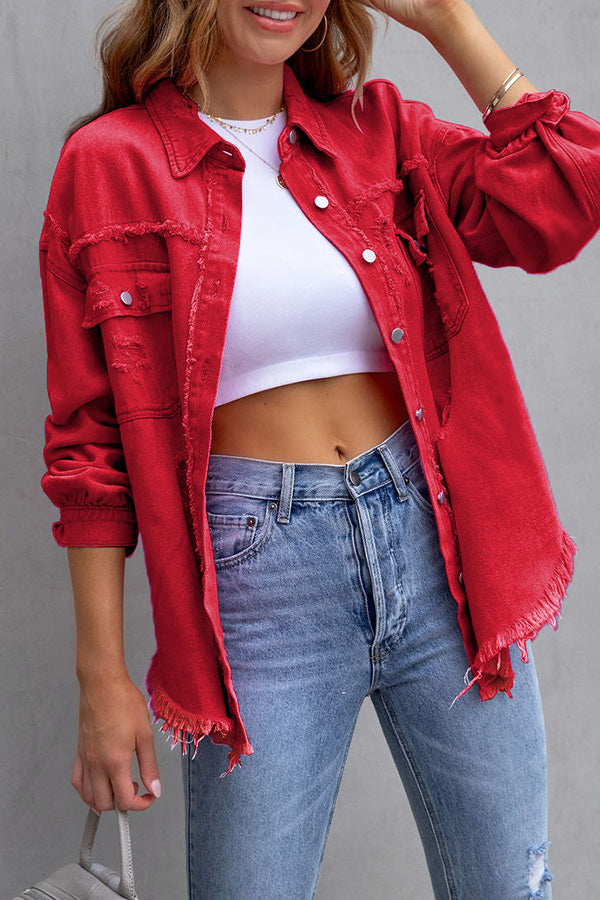Frayed Raw Hem Distressed Denim Jacket