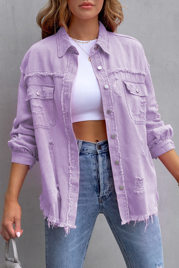 Frayed Raw Hem Distressed Denim Jacket