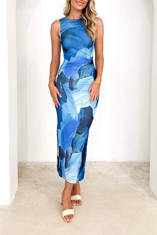 Floral Print Mesh Ruched Midi Dress