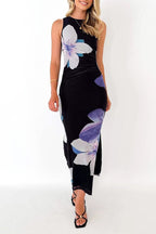 Floral Print Mesh Ruched Midi Dress