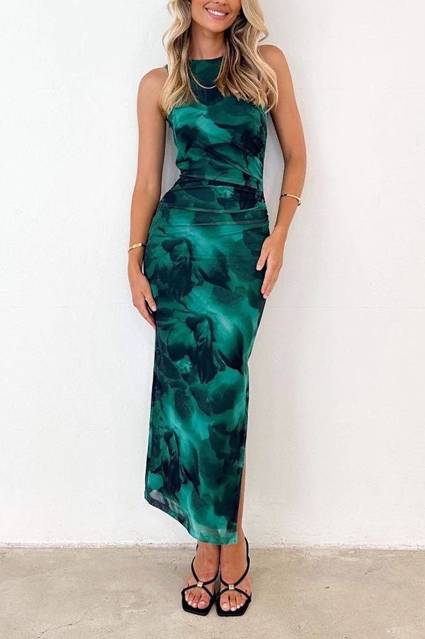 Floral Print Mesh Ruched Midi Dress