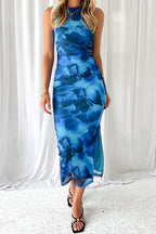 Floral Print Mesh Ruched Midi Dress
