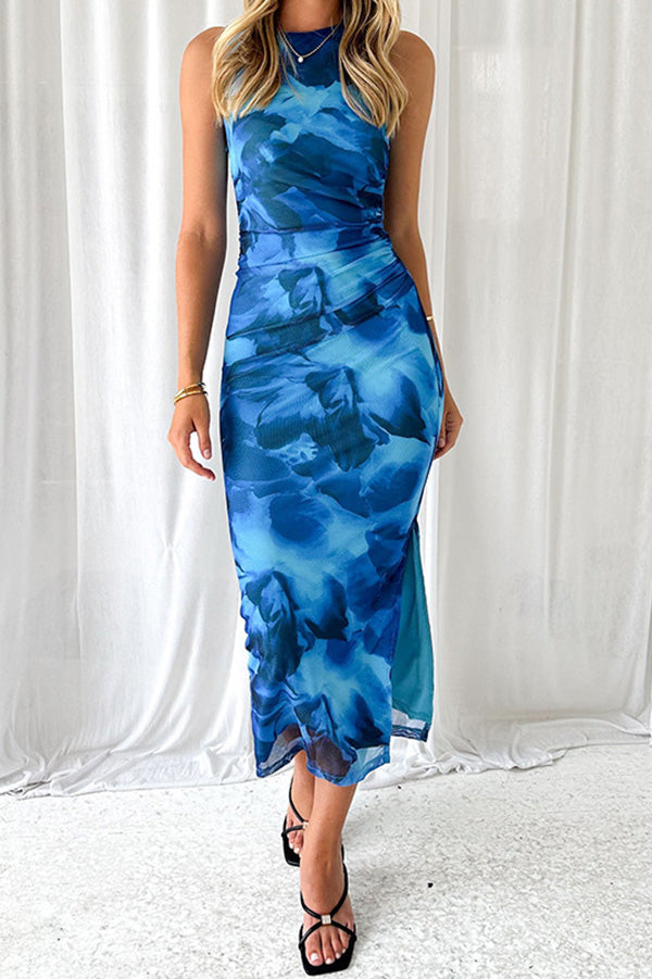 Floral Print Mesh Ruched Midi Dress