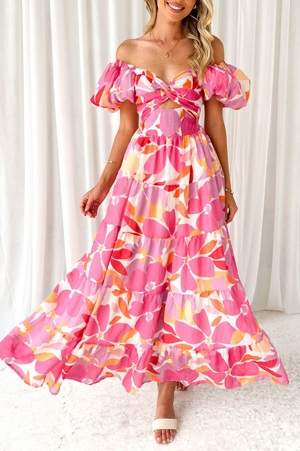 Floral Puff Sleeve Cut Out Maxi Dress