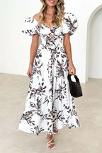 Floral Puff Sleeve Cut Out Maxi Dress