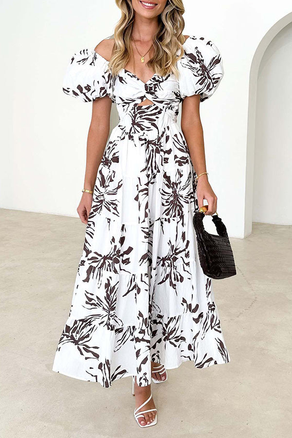 Floral Puff Sleeve Cut Out Maxi Dress