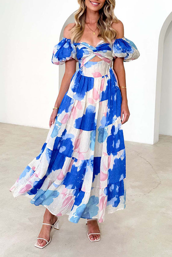 Floral Puff Sleeve Cut Out Maxi Dress