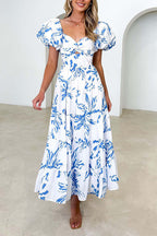Floral Puff Sleeve Cut Out Maxi Dress
