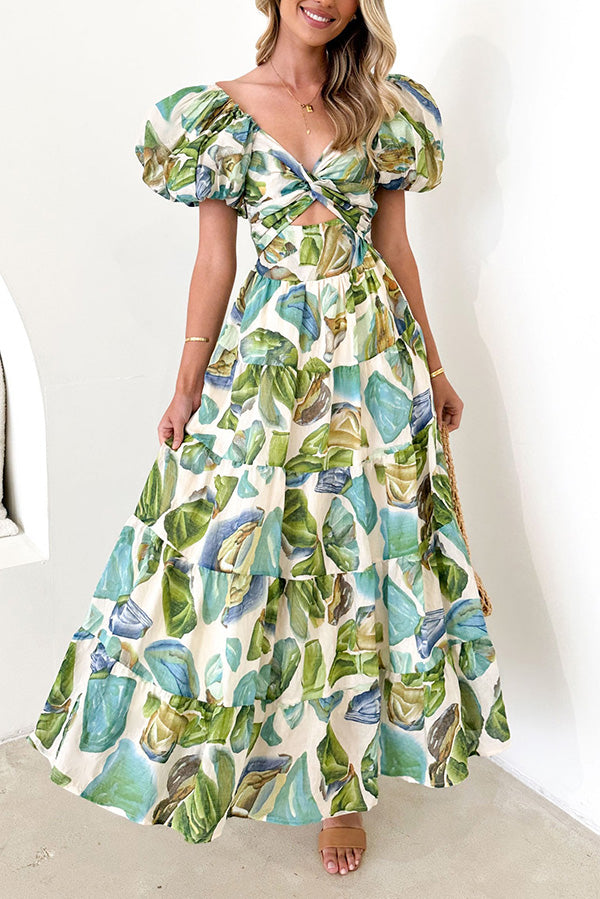 Floral Puff Sleeve Cut Out Maxi Dress