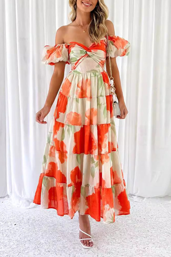Floral Puff Sleeve Cut Out Maxi Dress