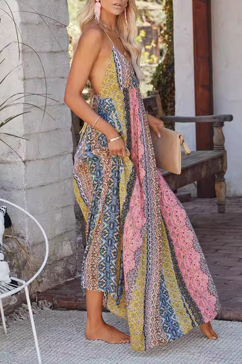 Boho Tribal Print V-Neck Maxi Dress