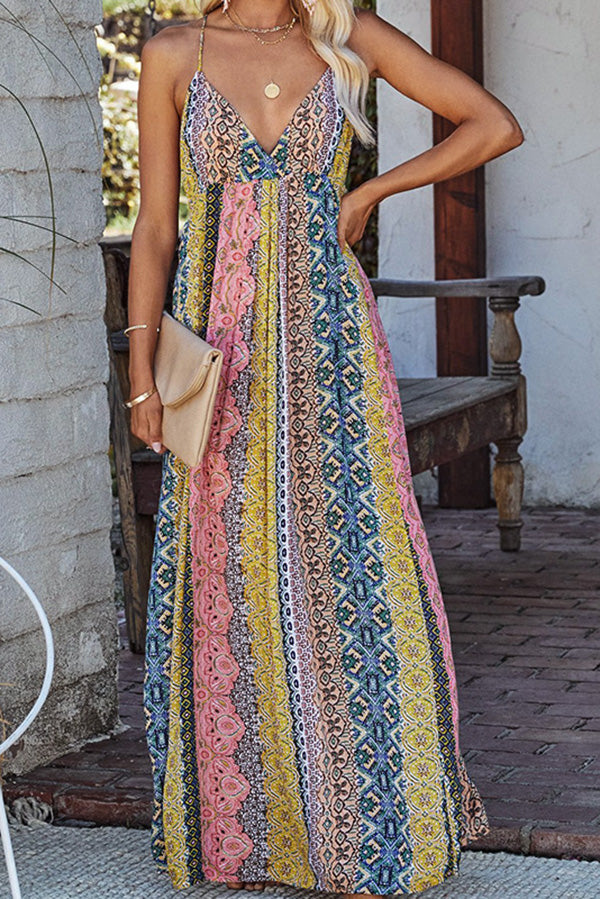 Boho Tribal Print V-Neck Maxi Dress