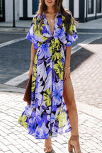 Tropical Floral V-Neck Split Maxi Dress