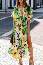 Tropical Floral V-Neck Split Maxi Dress
