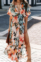 Tropical Floral V-Neck Split Maxi Dress