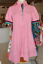 Striped Stand Collar Puff Sleeve Dress