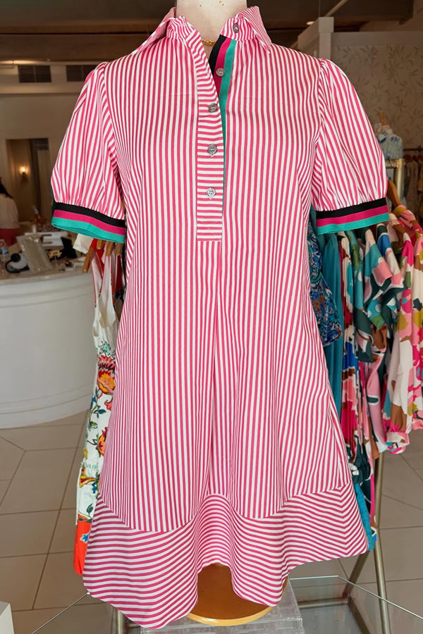 Striped Stand Collar Puff Sleeve Dress