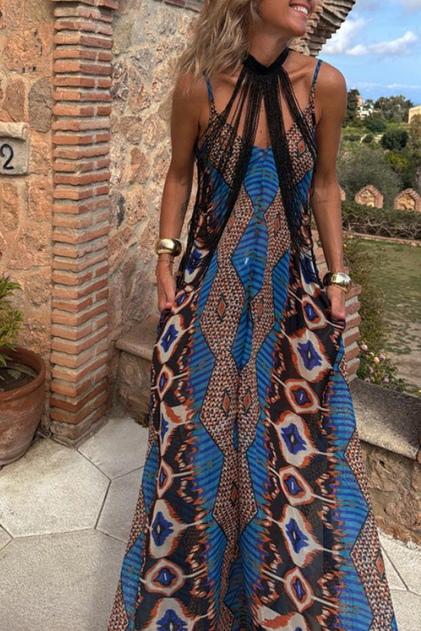 Boho Tribal Print Strappy Maxi Dress