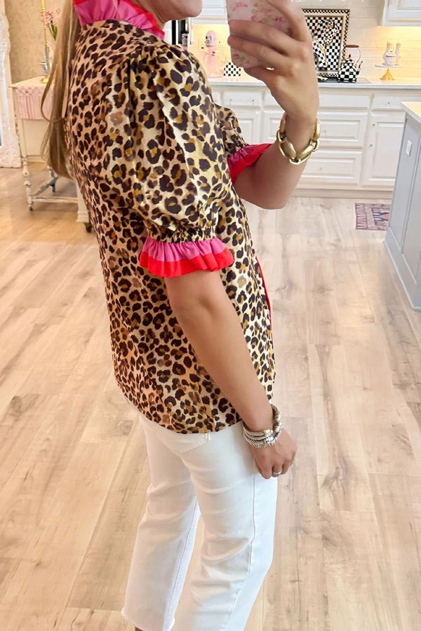 Leopard Print Ruffle Trim Puff Sleeve Top