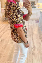 Leopard Print Ruffle Trim Puff Sleeve Top