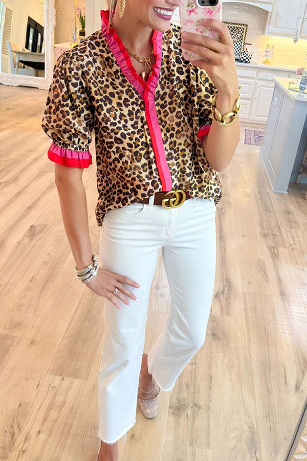 Leopard Print Ruffle Trim Puff Sleeve Top