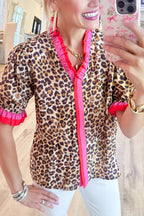 Leopard Print Ruffle Trim Puff Sleeve Top