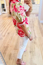 Floral Ruffle Trim Puff Sleeve Blouse