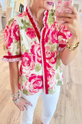 Floral Ruffle Trim Puff Sleeve Blouse
