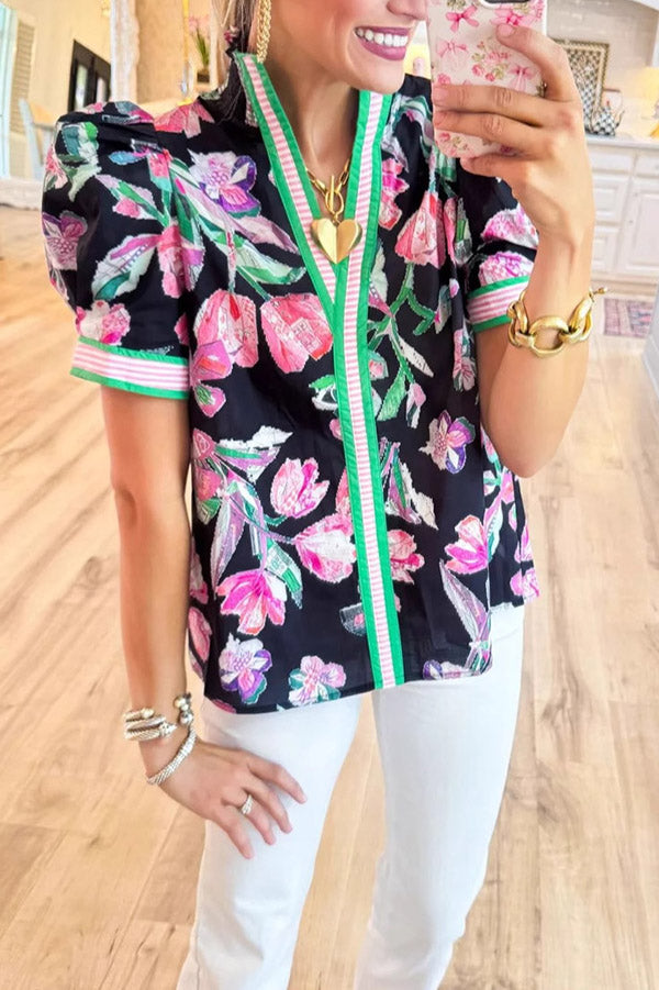 Bold Floral Puff Sleeve Ruffle Top