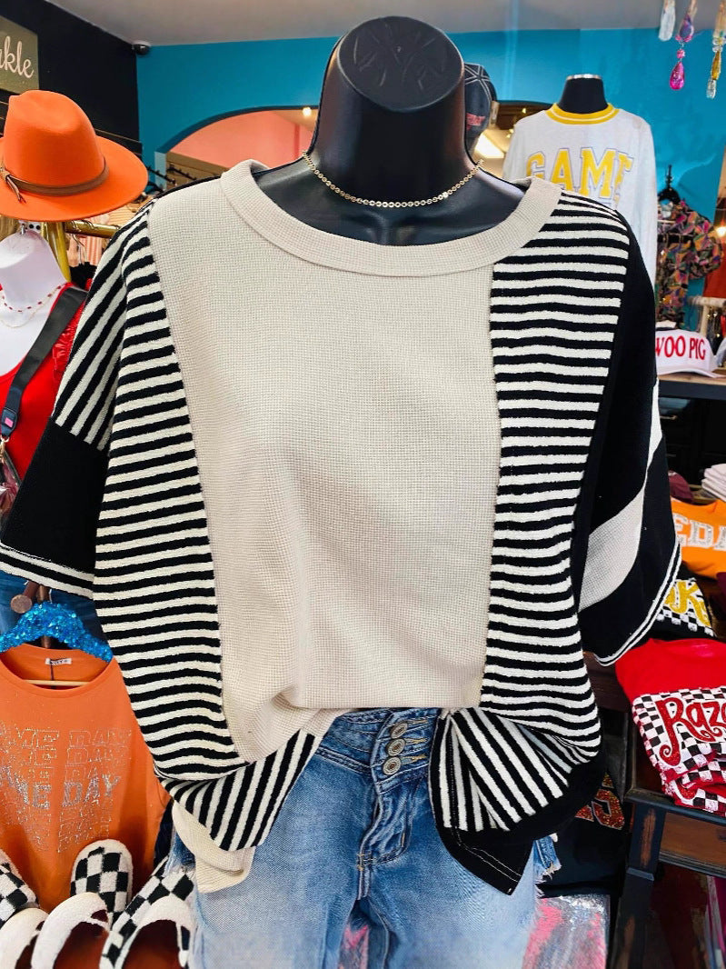Striped Patchwork Waffle Knit Top
