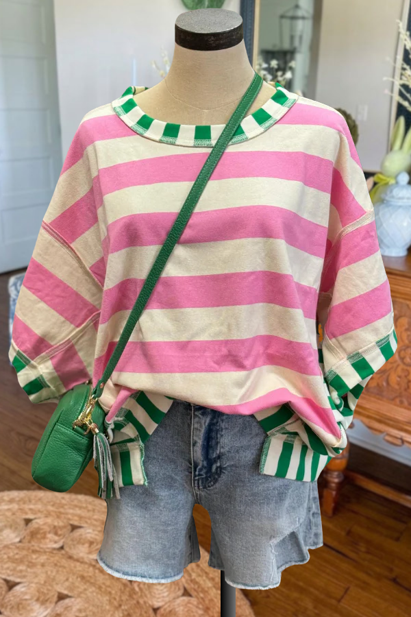 Retro Striped Oversized Round Neck Tee