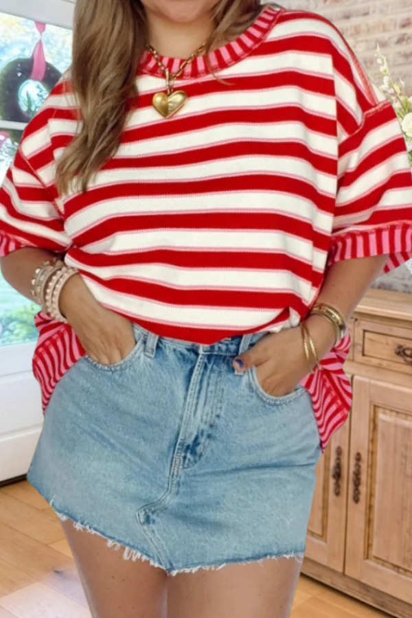 Retro Striped Oversized Round Neck Tee