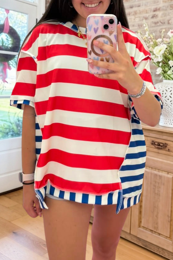 Retro Striped Oversized Round Neck Tee