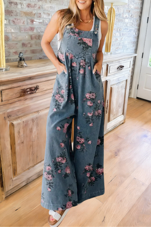 Vintage Floral Print Wide Leg Denim Overalls