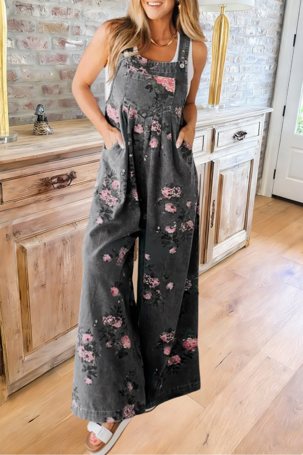 Vintage Floral Print Wide Leg Denim Overalls
