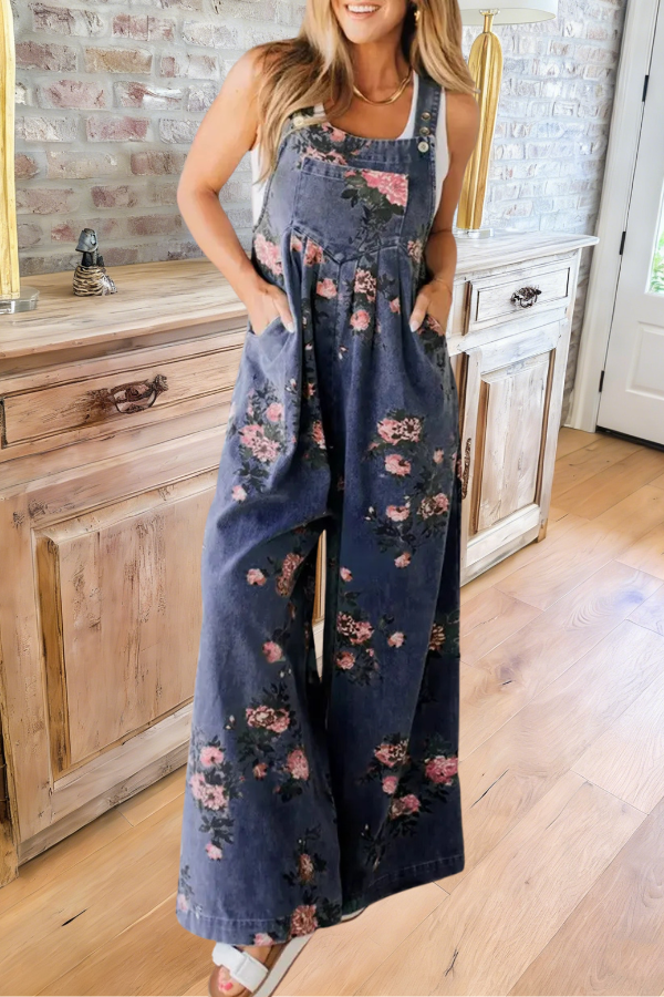 Vintage Floral Print Wide Leg Denim Overalls
