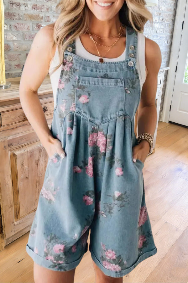 Vintage Floral Denim Romper Overalls