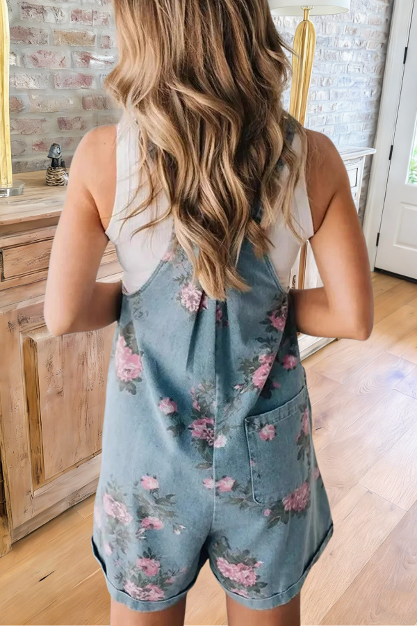 Vintage Floral Denim Romper Overalls