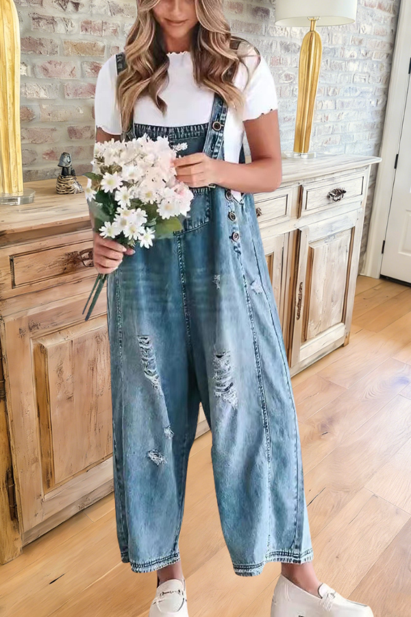 Distressed High Waist Denim Overalls Jumpsuit