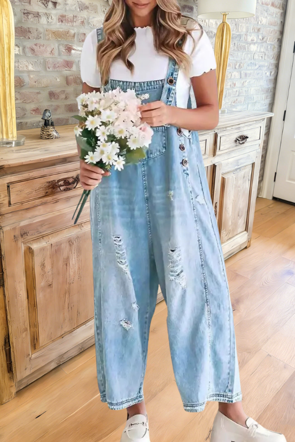 Distressed High Waist Denim Overalls Jumpsuit